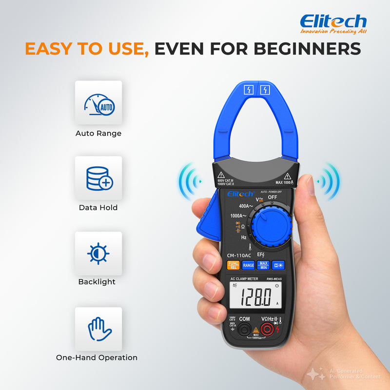 Elitech CM-110AC Digital Clamp Meter, 1000A AC Current, 1000V AC/DC Voltage, True RMS Multimeter with NCV, Capacitance, Temperature & Frequency Measurement
