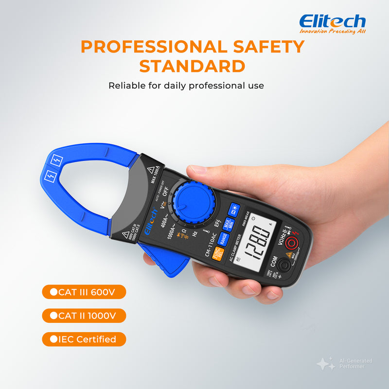 Elitech CM-110AC Digital Clamp Meter, 1000A AC Current, 1000V AC/DC Voltage, True RMS Multimeter with NCV, Capacitance, Temperature & Frequency Measurement