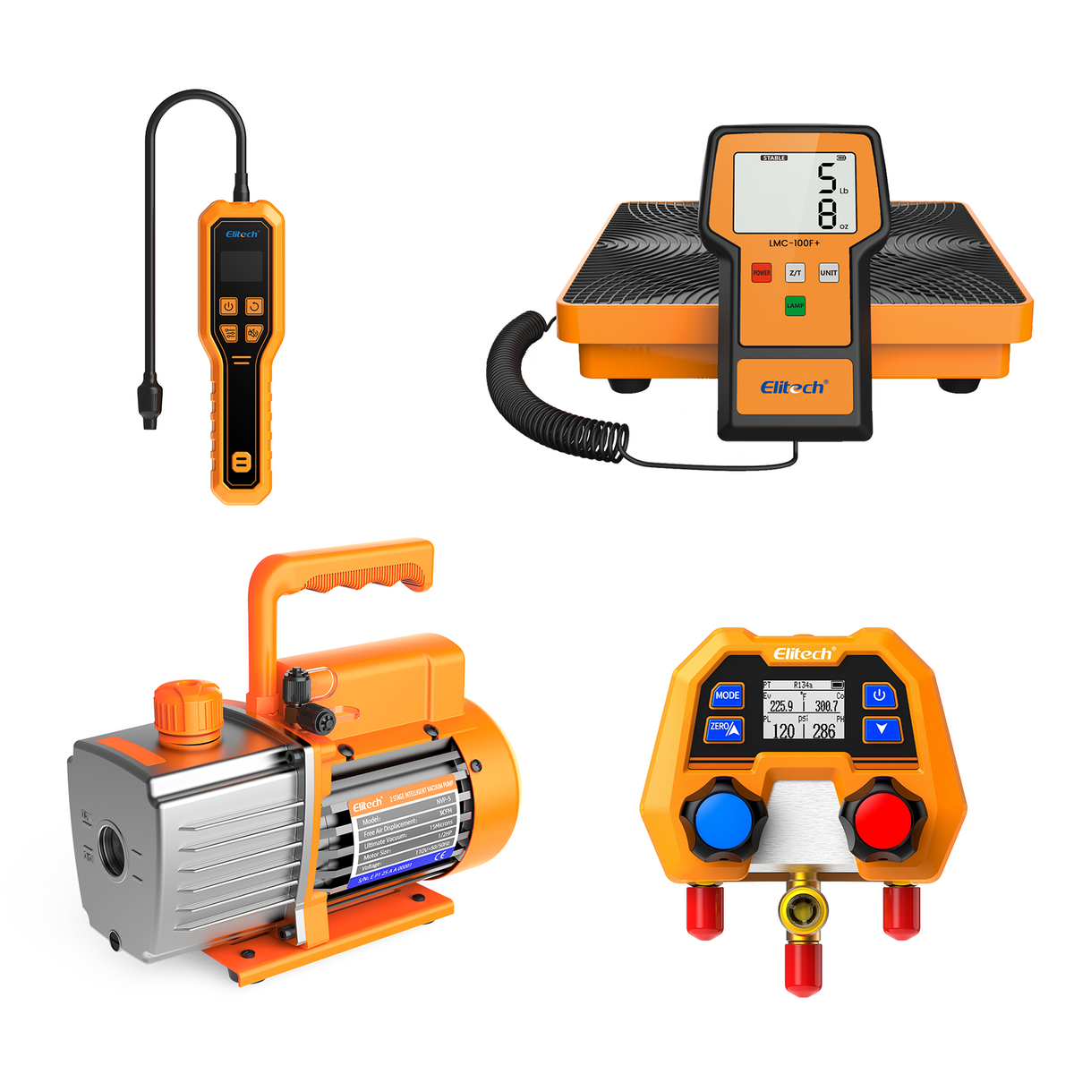 Elitech Solution Pack - NVP-5 HVAC Vacuum Pump+Digital Manifold Gauge for HVAC DMG-2SE Kit +ELD-270 Heated Diode Portable Semiconductor Refrigerant Leak Detector +Refrigerant Charging Scale LMC-100F+