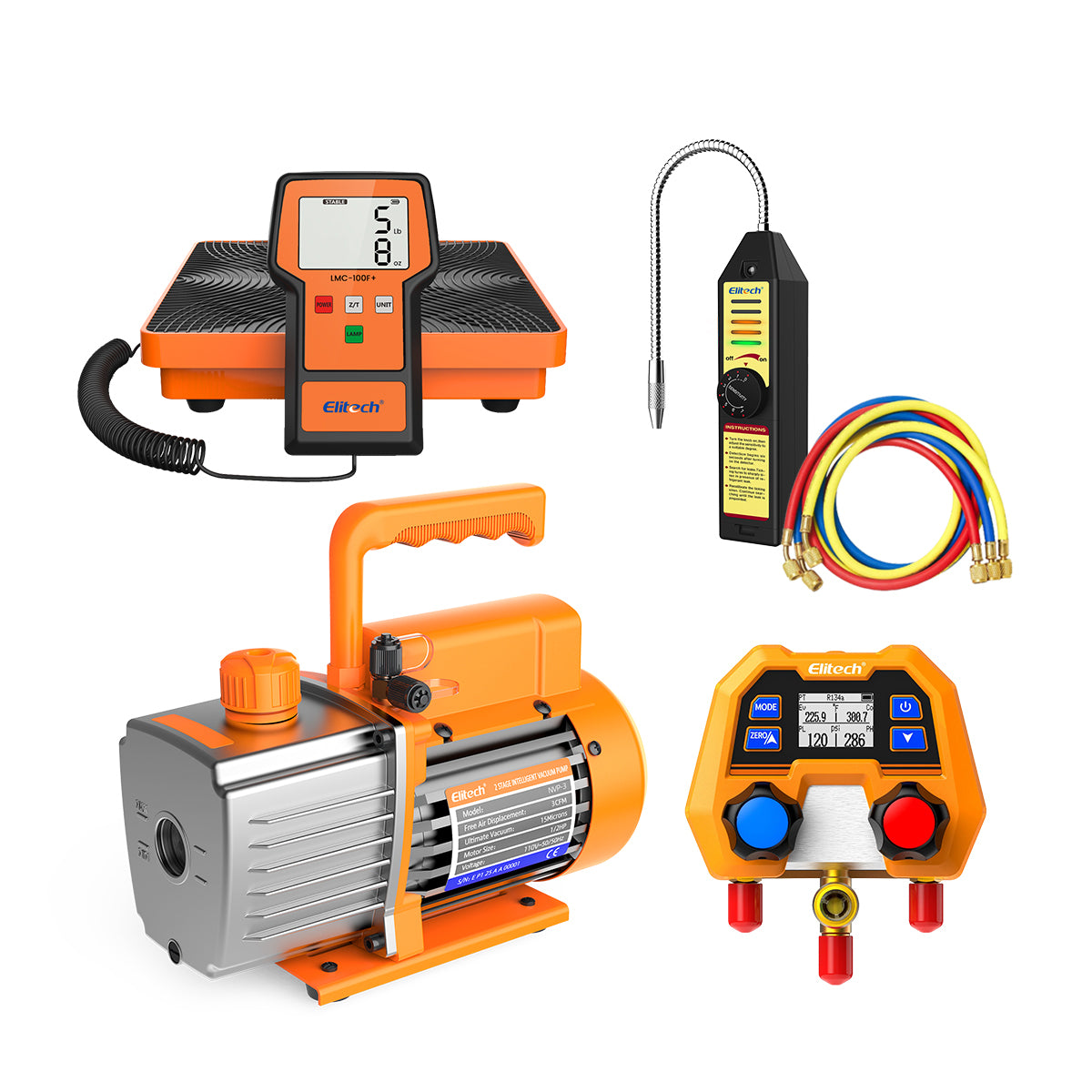 Elitech Starter Solution Pack - WJL-6000S Leak Detector+ LMC-100F+ Refrigerant Charging Scale+DMG-2SE Digital Manifold Gauge+NVP-03 Vacuum Pump+RH-3 charging hose