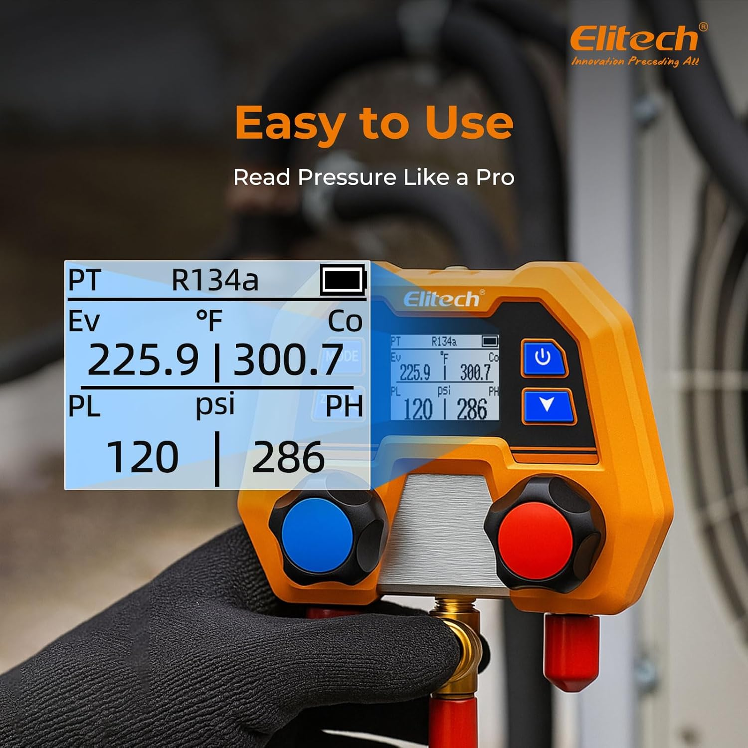 Elitech DMG-2SE Digital AC Manifold Gauge Set, Automotive HVAC Vacuum Pressure Tester for Car Air Conditioning Repair, Supports R134a R1234yf R410A, 88 Refrigerants, Impact-Resistant Gauge with 2-Way Valve
