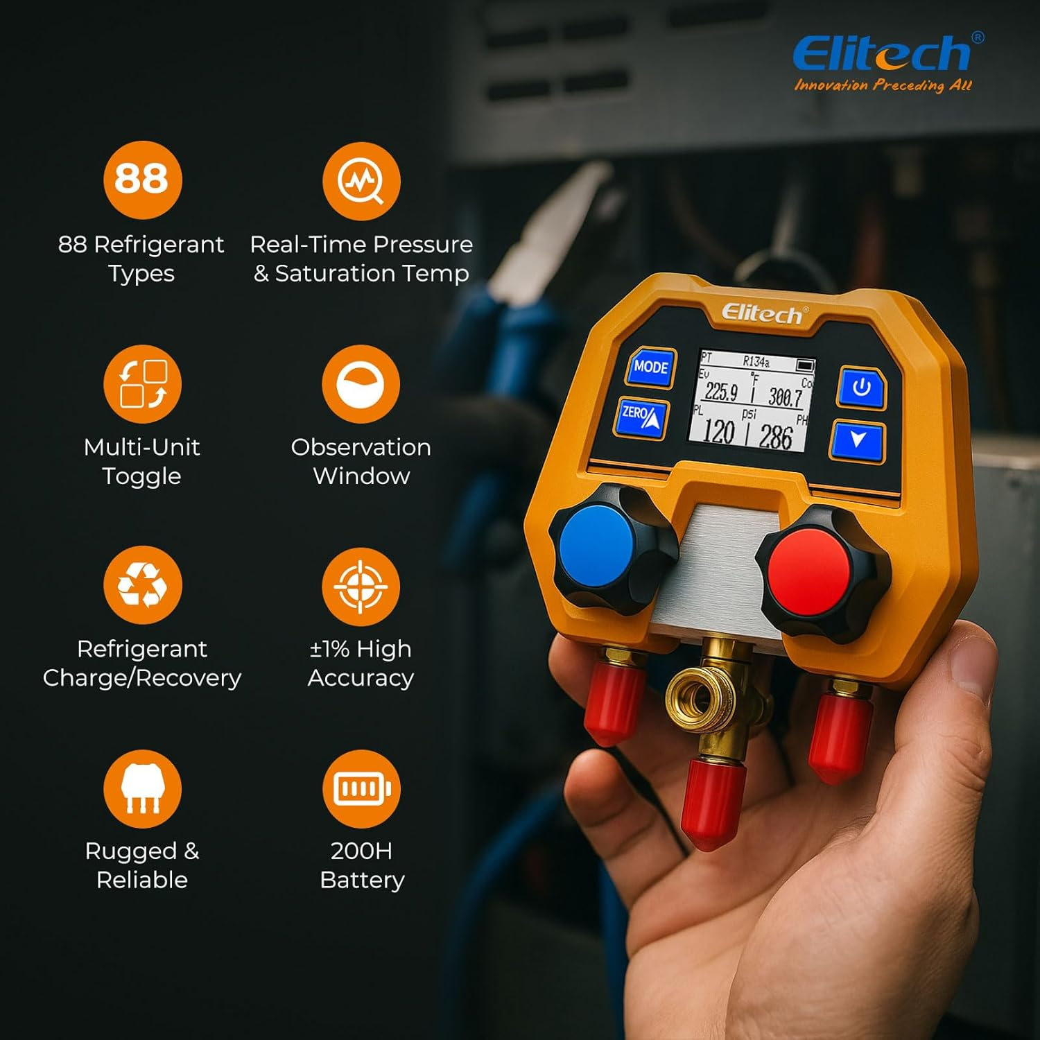 Elitech DMG-2SE Digital AC Manifold Gauge Set, Automotive HVAC Vacuum Pressure Tester for Car Air Conditioning Repair, Supports R134a R1234yf R410A, 88 Refrigerants, Impact-Resistant Gauge with 2-Way Valve