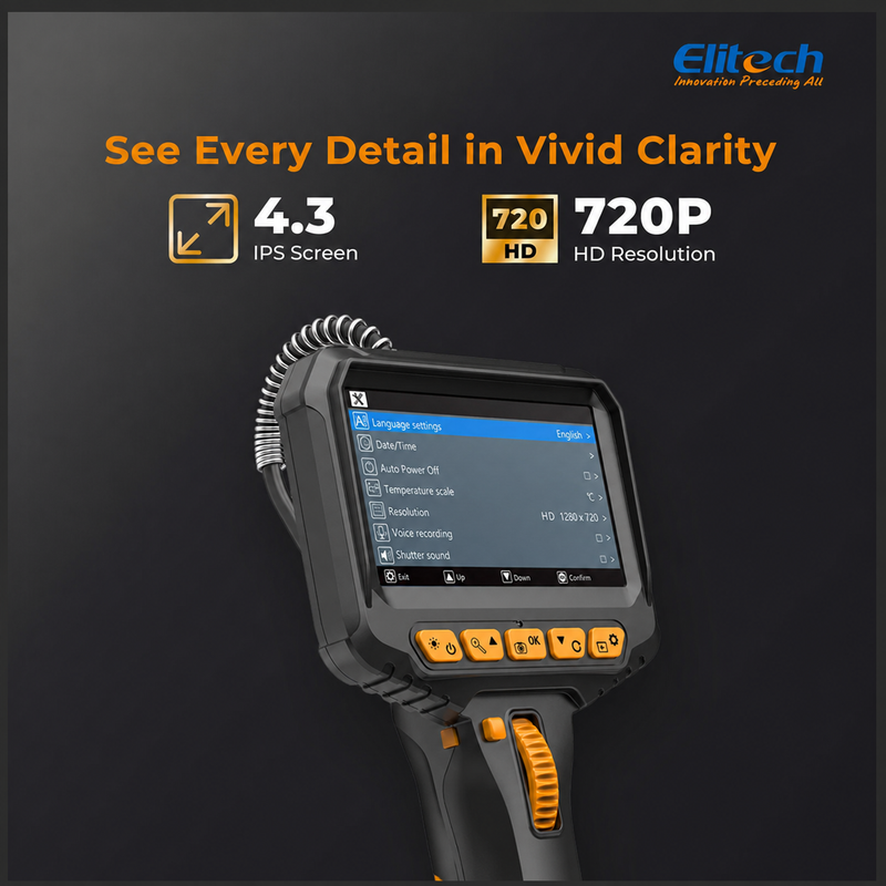 Elitech ELS-240 Articulating Borescope Inspection Camera, Two-Way 180° Steering Endoscope with 4.3" IPS Screen, 6.2mm IP67 Waterproof Probe, 720P HD Industrial Scope for Automotive Mechanics - 1m