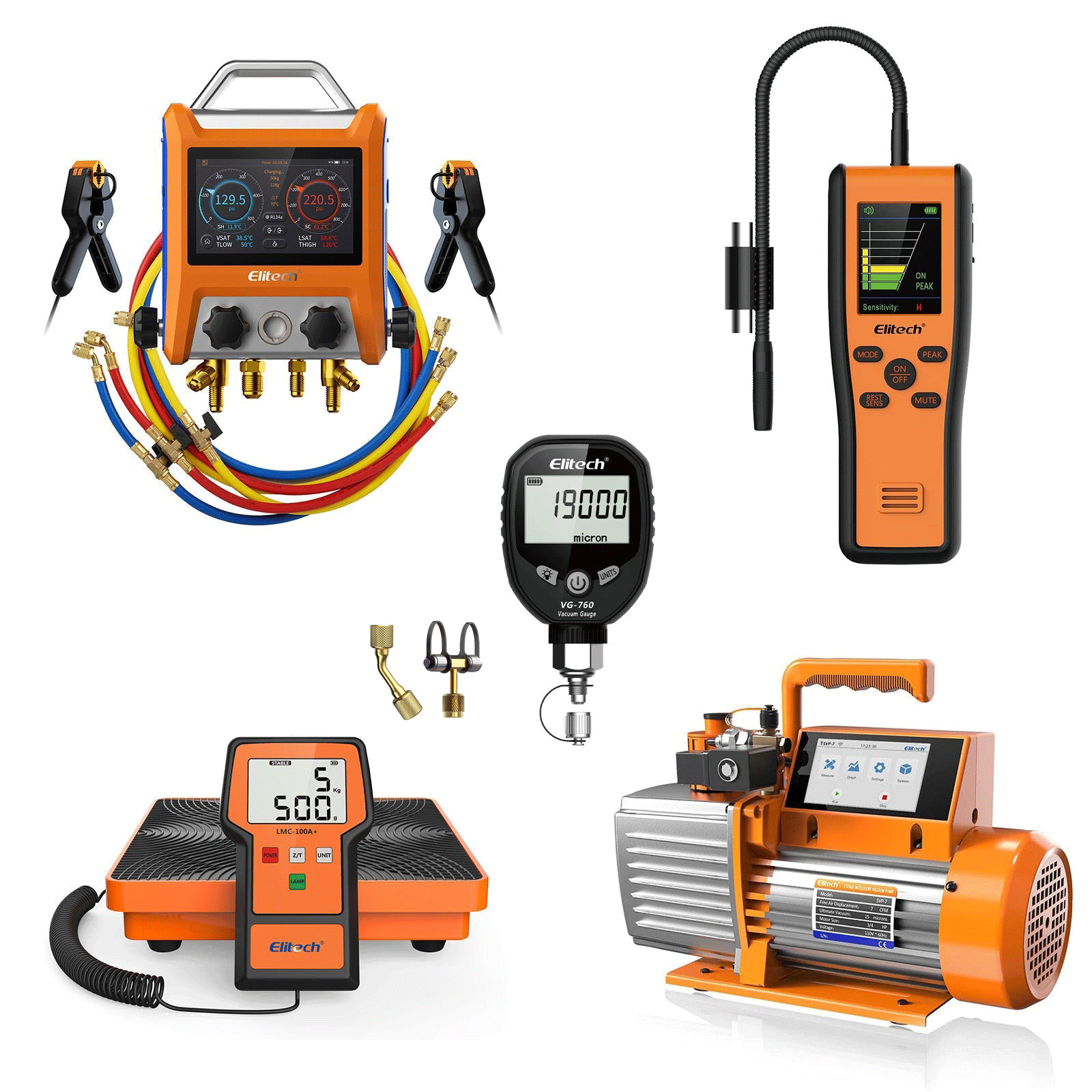 Elitech Luxury Solution Pack - EMG-40V Digital Manifold Gauge+LMC-100A+ Refrigerant Charging Scale+IR-200 Infrared & Heated Diode Refrigerant Leak Detector+SVP-12 Intelligent HVAC 1HP Vacuum Pump+ VGW-760Pro Vacuum Gauge