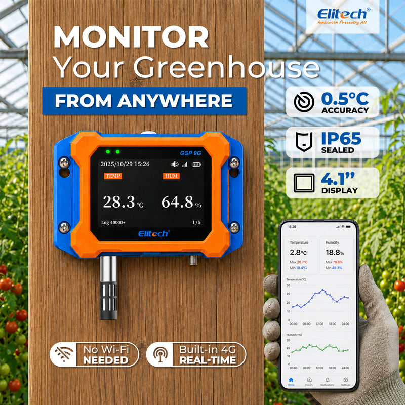 Elitech GSP-9G 4G Cellular Temperature Humidity Monitor, No WiFi Required, Power Failure Alarm, ±0.9°F Accuracy, IP65 Waterproof, 4.1" Color Curve Display, App, Email & SMS Alerts, External Probe