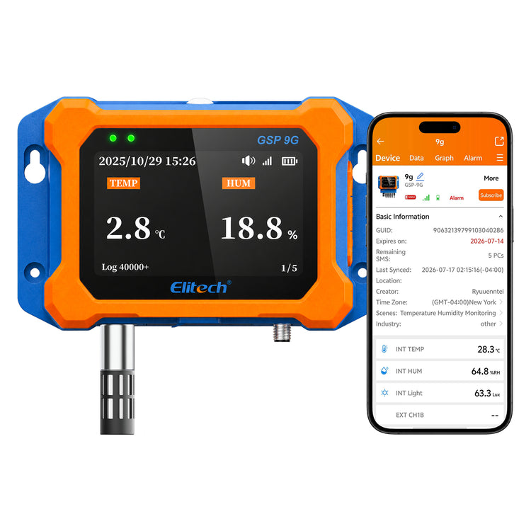 Elitech GSP-9G 4G Cellular Temperature Humidity Monitor, No WiFi Required, Power Failure Alarm, ±0.9°F Accuracy, IP65 Waterproof, 4.1" Color Curve Display, App, Email & SMS Alerts, External Probe