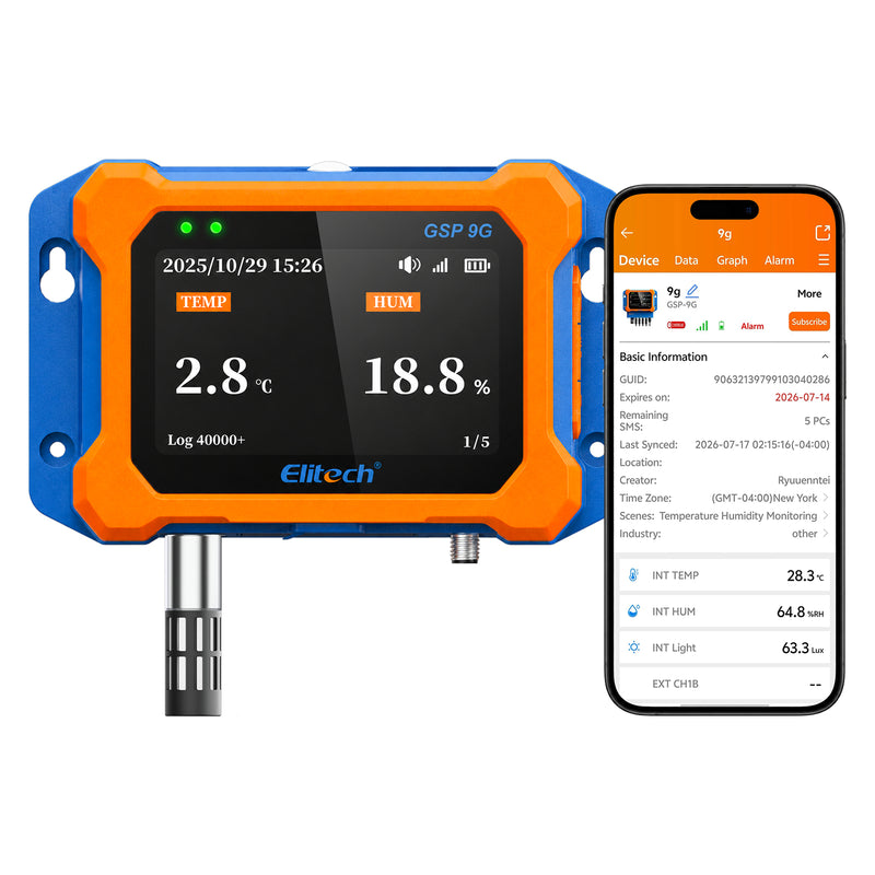 Elitech GSP-9G 4G Cellular Temperature Humidity Monitor, No WiFi Required, Power Failure Alarm, ±0.9°F Accuracy, IP65 Waterproof, 4.1" Color Curve Display, App, Email & SMS Alerts, External Probe