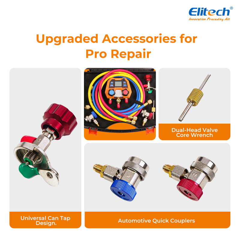Elitech DMG-2SE Digital AC Manifold Gauge Set, Automotive HVAC Vacuum Pressure Tester for Car Air Conditioning Repair, Supports R134a R1234yf R410A, 88 Refrigerants, Impact-Resistant Gauge with 2-Way Valve