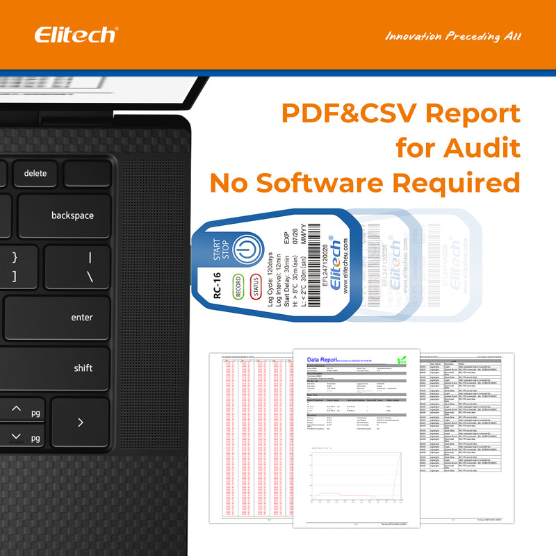 Elitech 10 Packs Temperature Data Logger USB Disposable Temperature Recorder with 16000 Points，Auto PDF CSV Reports High Accuracy 120days Single Use for Frozen Transportation Cold Chain Fresh RC-16