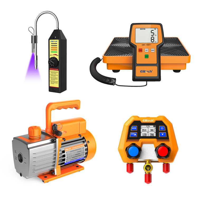 Elitech Solution Pack - Elitech NVP-5 HVAC Vacuum Pump+Digital Manifold Gauge for HVAC DMG-2SE Kit +WJL-6000S Refrigerant Leak Detector+Refrigerant Charging Scale LMC-100F+