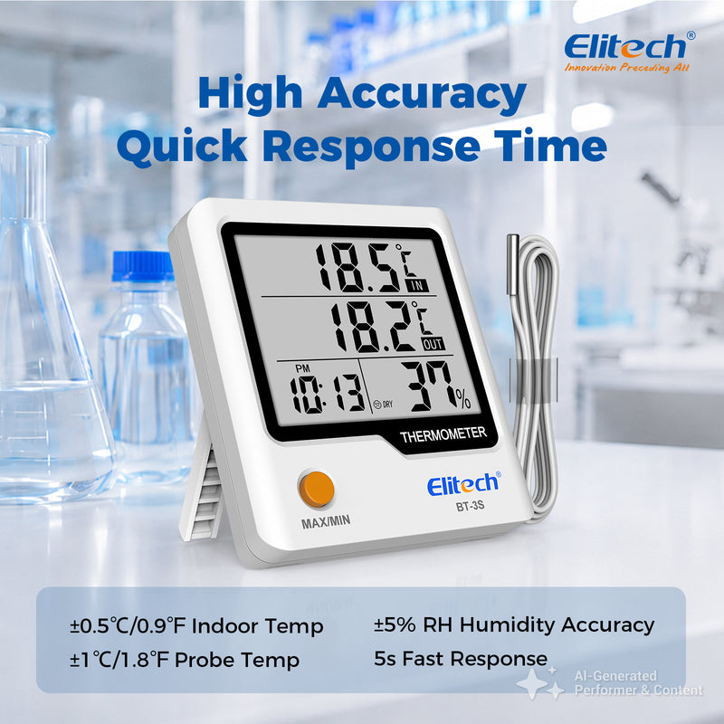 Elitech BT-3S Dual Channel Temperature Data Logger ±0.9℉ Accuracy, 4" Large LCD Display, Refrigerator Thermometer with External Probe for Liquid, Max/Min Recording, Wall Mount & Stand for Food Fridge Kitchen Lab