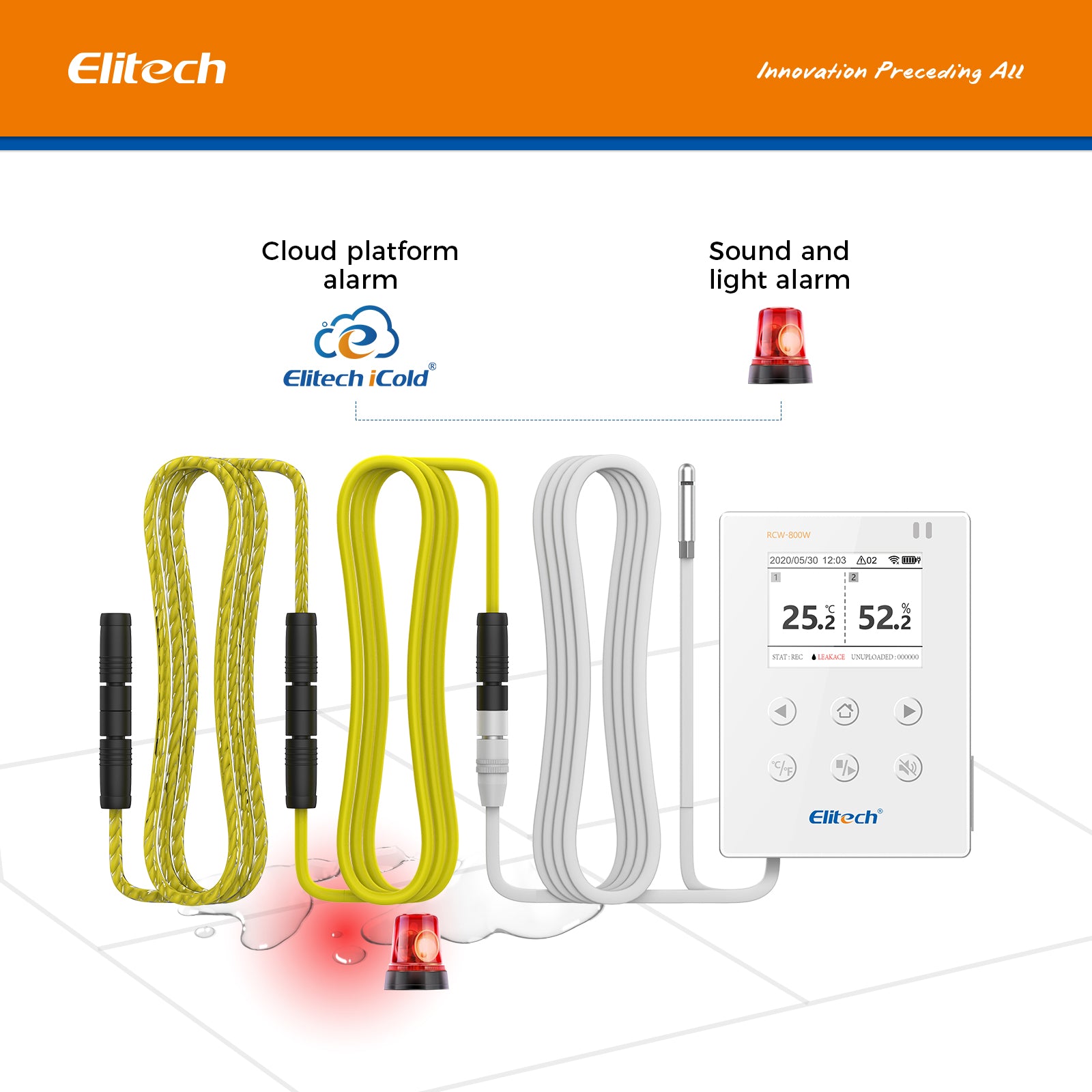Elitech WiFi Real-time Temperature Humidity Data Logger Water Leak Detector, SMS/Email/APP Alert, Cloud Data Storage, 10M Patch Cord, RCW-800W-WI(-40~176℉, : 0~100%RH)