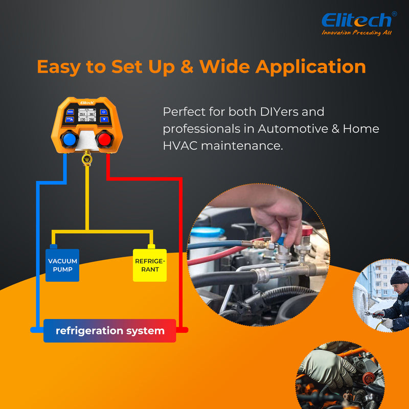 Elitech DMG-2SE Digital AC Manifold Gauge Set, Automotive HVAC Vacuum Pressure Tester for Car Air Conditioning Repair, Supports R134a R1234yf R410A, 88 Refrigerants, Impact-Resistant Gauge with 2-Way Valve