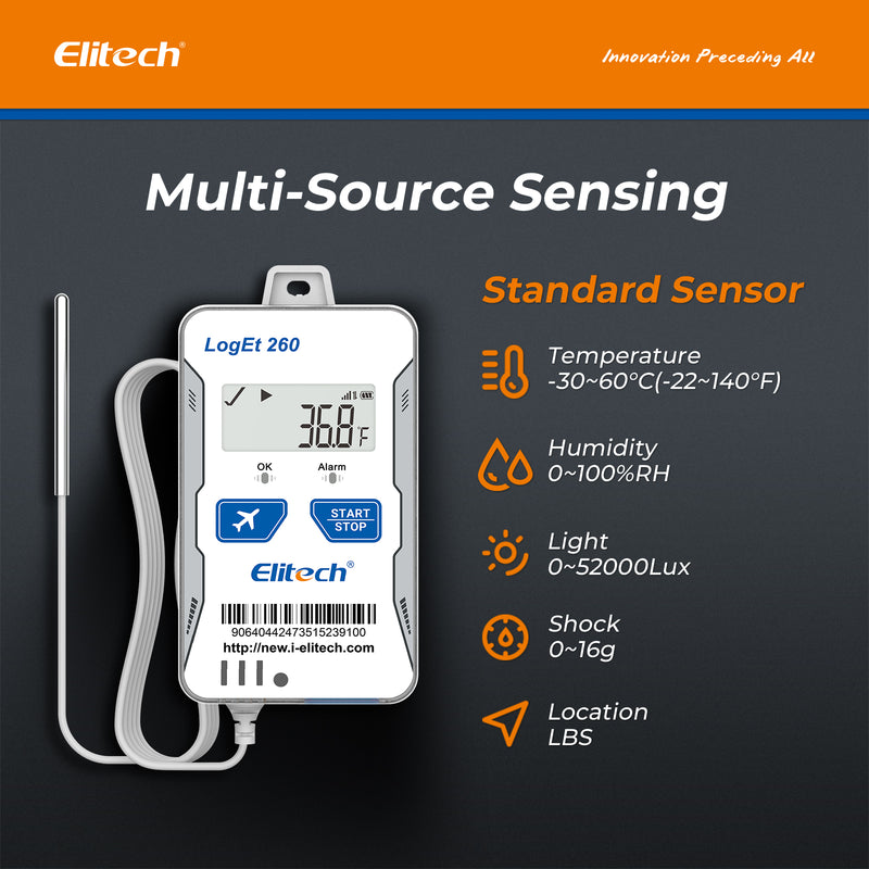 Elitech 4G GPS Reusable Real-time Temperature Humidity Data Logger Light/Shock/Location, Built-in SIM Card, Shadow Data,Airplane mode,Cloud Data Storage,SMS/Email/APP/Web Alarm,100000 Points,Loget 260-THE