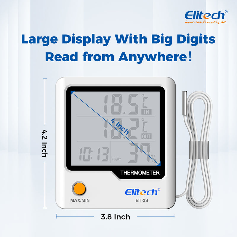 Elitech BT-3S Dual Channel Temperature Data Logger ±0.9℉ Accuracy, 4" Large LCD Display, Refrigerator Thermometer with External Probe for Liquid, Max/Min Recording, Wall Mount & Stand for Food Fridge Kitchen Lab