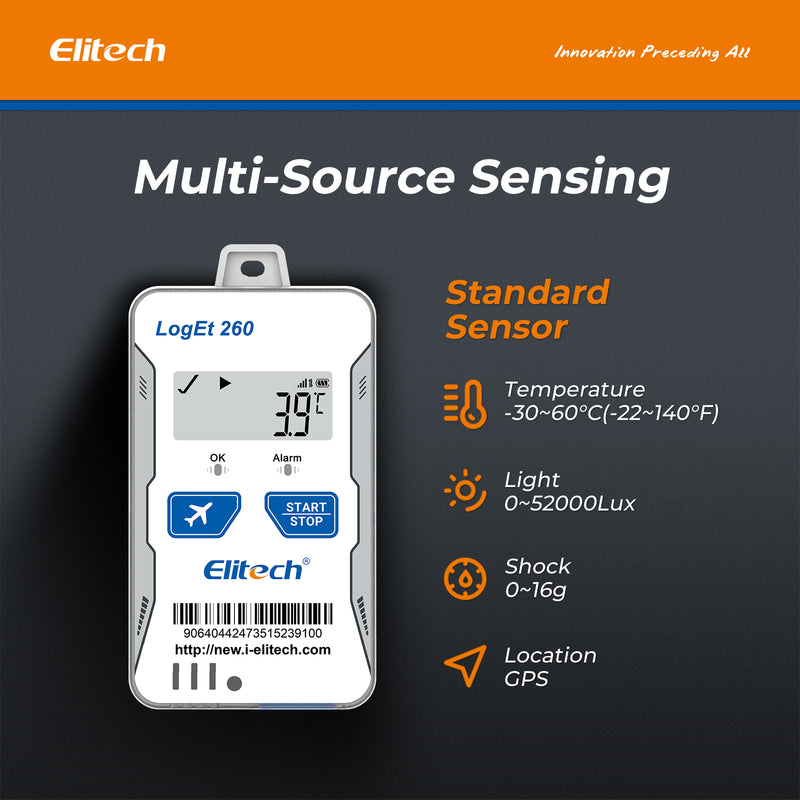 Elitech 4G GPS Reusable Real-time Temperature Humidity Data Logger Light/Shock/Location, Built-in SIM Card, Shadow Data,Airplane mode,Cloud Data Storage,SMS/Email/APP/Web Alarm,100000 Points,Loget 260-THE