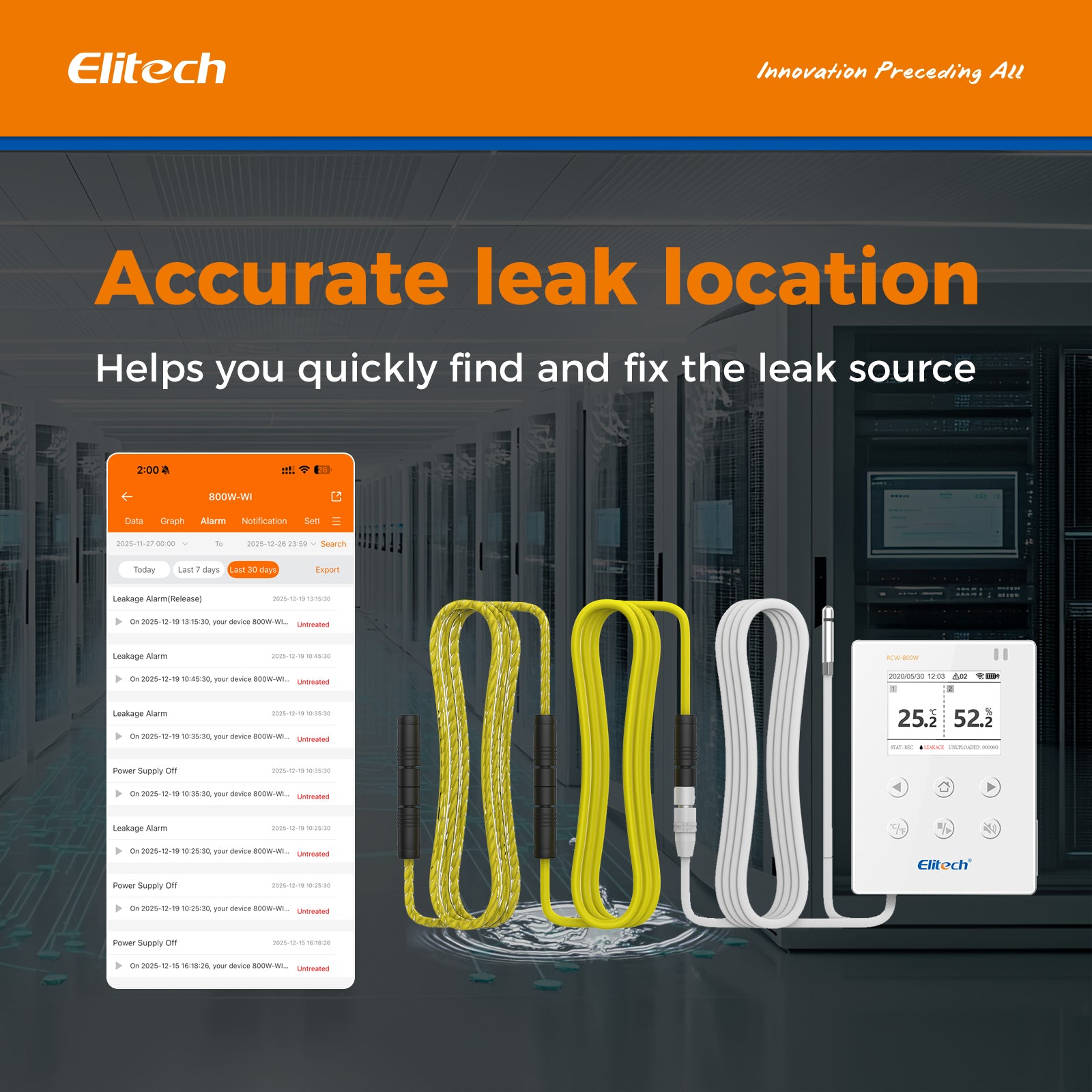 Elitech WiFi Real-time Temperature Humidity Data Logger Water Leak Detector, SMS/Email/APP Alert, Cloud Data Storage, 10M Patch Cord, RCW-800W-WI(-40~176℉, : 0~100%RH)