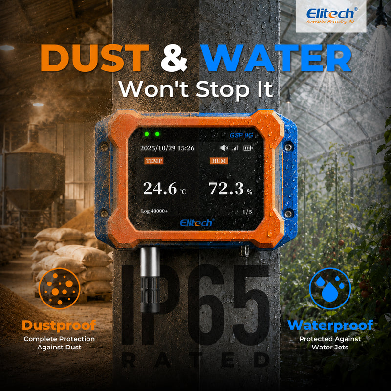 Elitech GSP-9G 4G Cellular Temperature Humidity Monitor, No WiFi Required, Power Failure Alarm, ±0.9°F Accuracy, IP65 Waterproof, 4.1" Color Curve Display, App, Email & SMS Alerts, External Probe