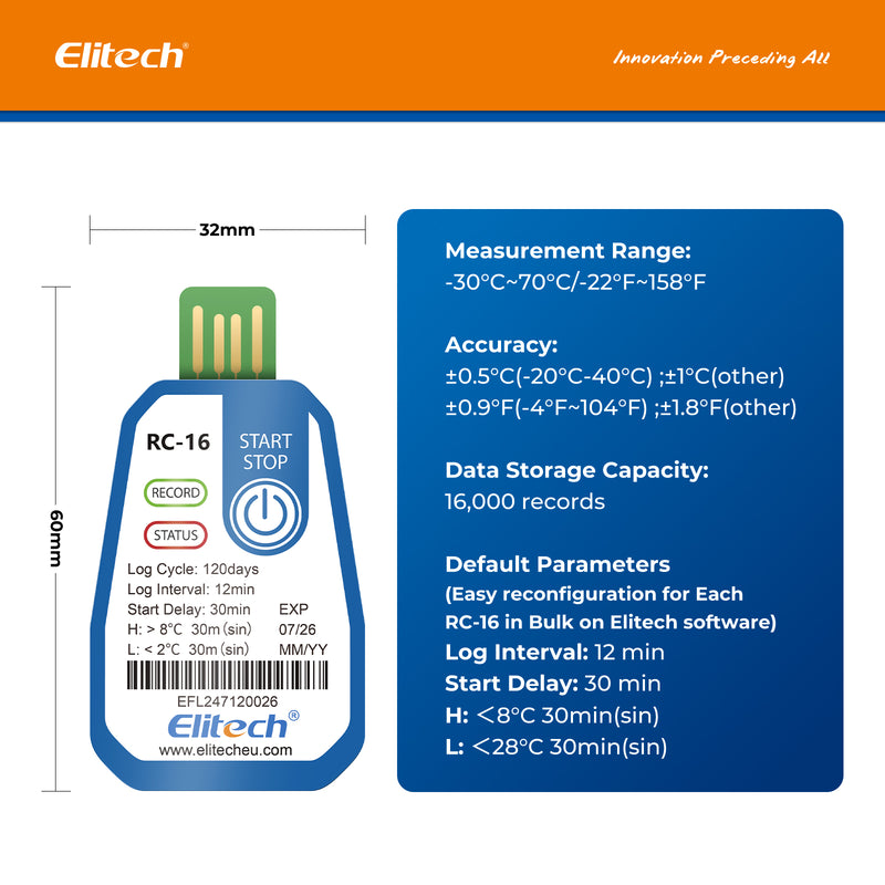 Elitech 10 Packs Temperature Data Logger USB Disposable Temperature Recorder with 16000 Points，Auto PDF CSV Reports High Accuracy 120days Single Use for Frozen Transportation Cold Chain Fresh RC-16