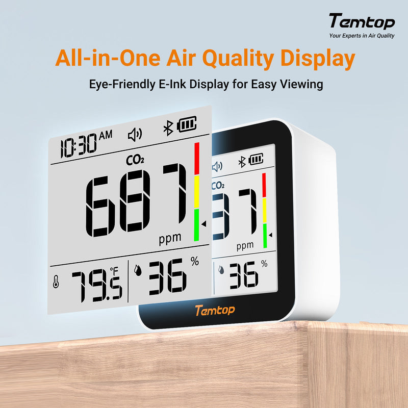 Temtop C10 2nd E-Ink Display CO2 Monitor Indoor Air Quality Monitor for CO2, Temperature and Humidity with App and Data History