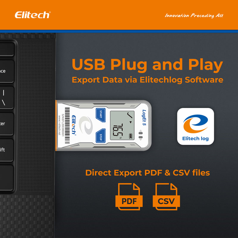 Elitech USB Digital Temperature Humidity Data Logger with Shadow Data Reusable Recorder 32000 Points , Auto PDF/ CSV Report, for Windows/MacOS, Refrigerator Thermometer LogEt5TH