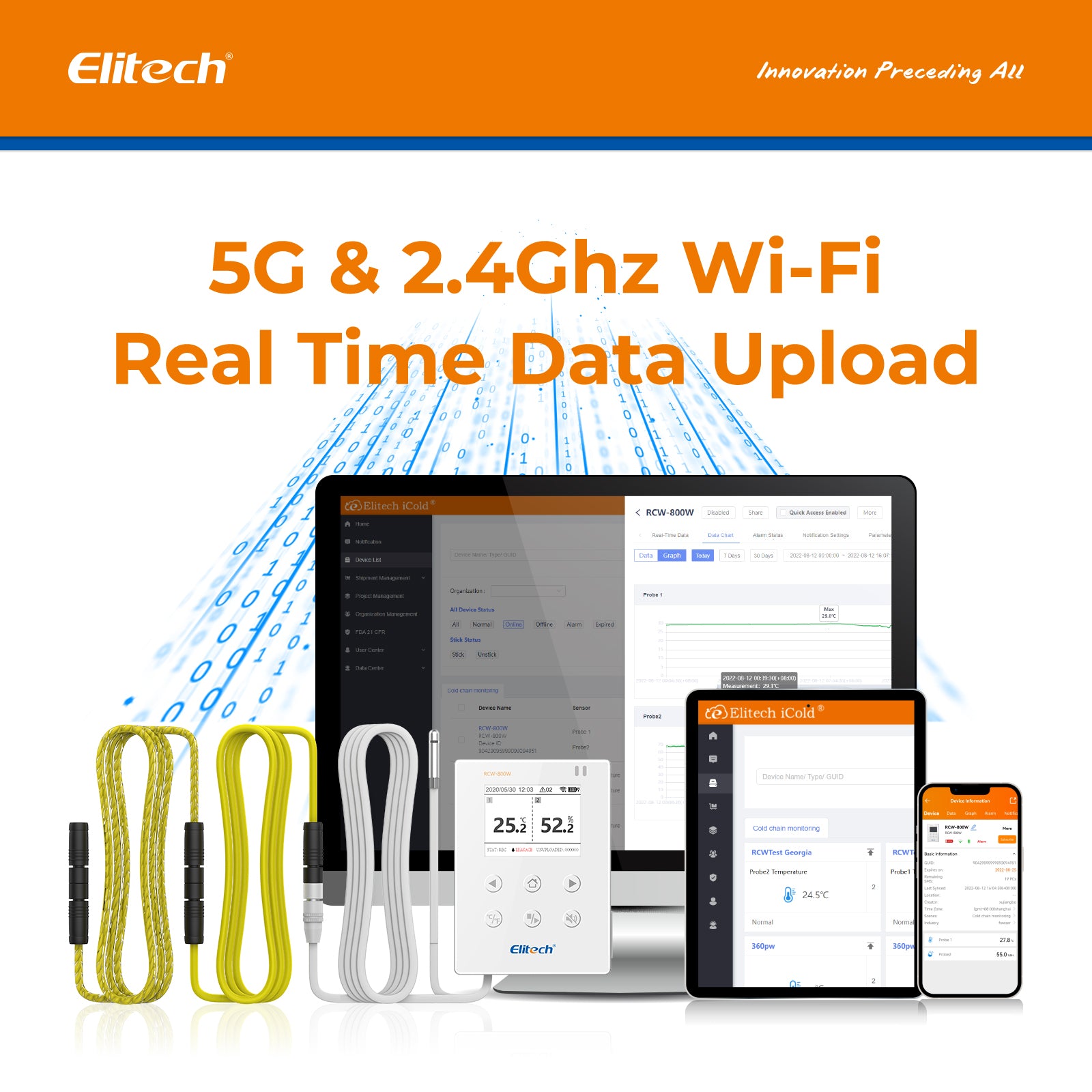 Elitech WiFi Real-time Temperature Humidity Data Logger Water Leak Detector, SMS/Email/APP Alert, Cloud Data Storage, 10M Patch Cord, RCW-800W-WI(-40~176℉, : 0~100%RH)