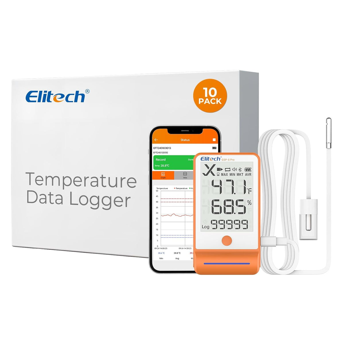 Elitech Bluetooth Thermometer Data Logger Temperature with Shadow Data 100000 Points Data Storage Export, Pharmacy Vaccine DDL Calibration Certificate, MAX MIN AVR MKT GSP-6Pro-GLE/THE