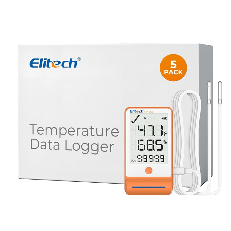 Elitech GSP-6 Bluetooth Data Logger Temperature Humidity for Refrigerator with Shadow Data 100000 Points Export PDF/CSV Report, Pharmacy Vaccine DDL Certificate, MAX MIN with Dual Probe,GSP-6Pro-TE/THE