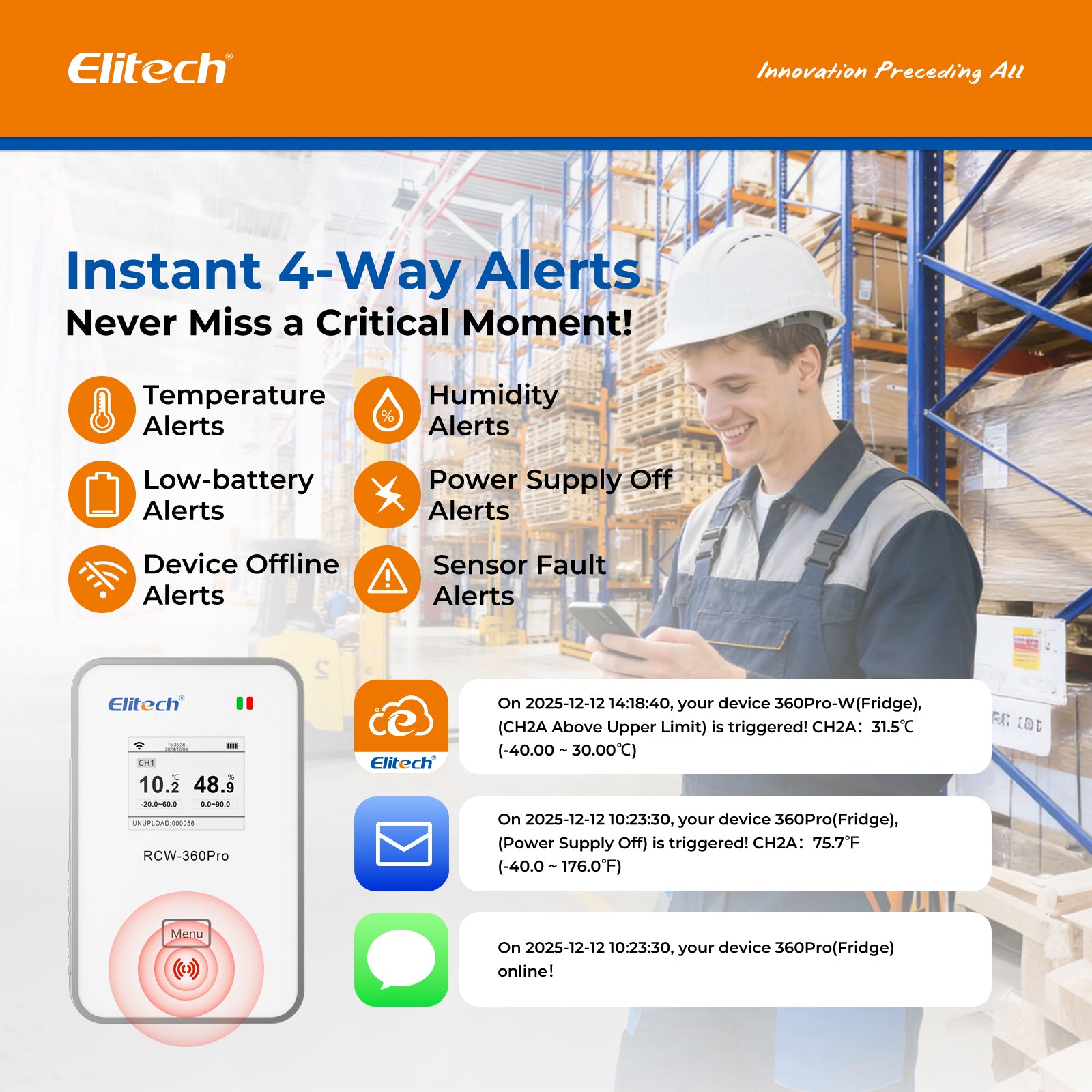 Elitech 4G Cellular & WiFi Temperature Humidity CO2 Sensor Data Logger 100000 Points, 24/7 Monitor, 2-Year Subscription Included, App/Email/Text/Sound Alerts. Cloud Storage, Monitor Anywhere, Anytime