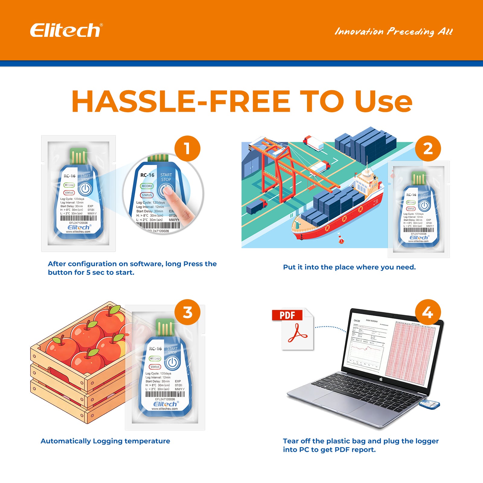 Elitech 10 Packs Temperature Data Logger USB Disposable Temperature Recorder with 16000 Points，Auto PDF CSV Reports High Accuracy 120days Single Use for Frozen Transportation Cold Chain Fresh RC-16