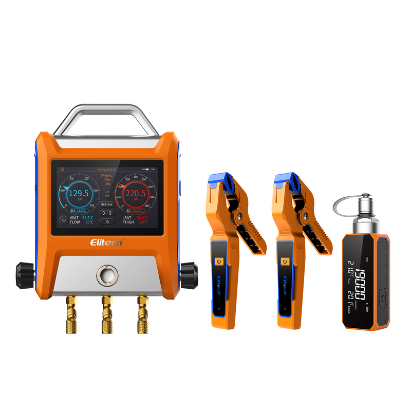 Elitech Basic Solution Pack-EMG-20V Intelligent HVAC Digital Manifold+VGW-Mini Vacuum Microns Digital Microns Gauge HVAC Refrigerant Vacuum Tester 1/4"