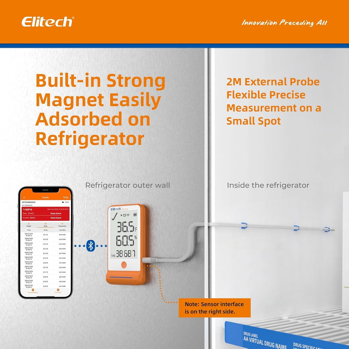 Elitech Bluetooth Thermometer Data Logger Temperature with Shadow Data 100000 Points Data Storage Export, Pharmacy Vaccine DDL Calibration Certificate, MAX MIN AVR MKT GSP-6Pro-GLE/THE