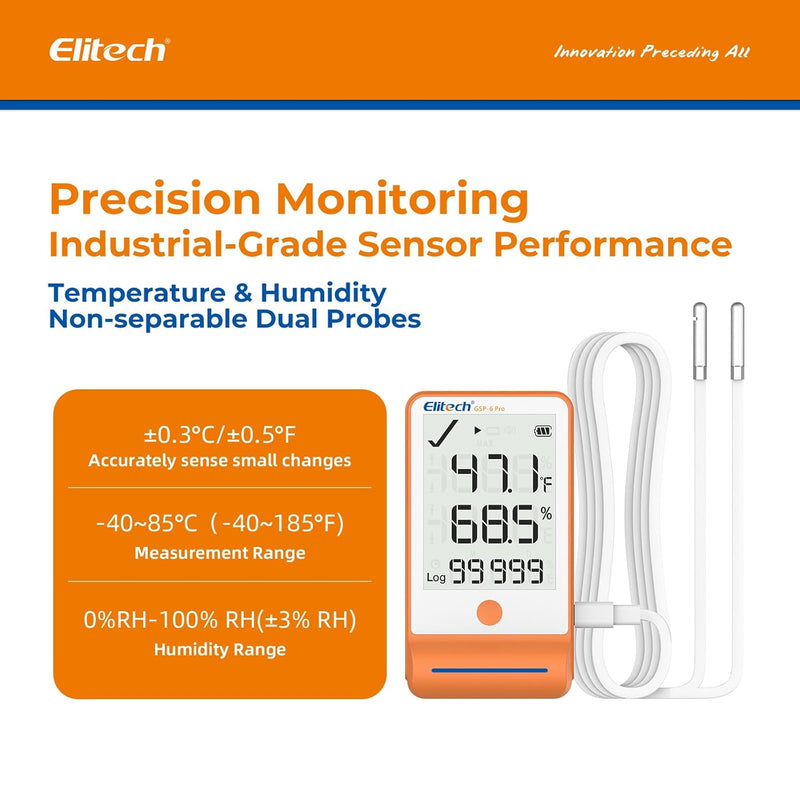 Elitech Bluetooth Thermometer Data Logger Temperature with Shadow Data 100000 Points Data Storage Export, Pharmacy Vaccine DDL Calibration Certificate, MAX MIN AVR MKT GSP-6Pro-GLE/THE