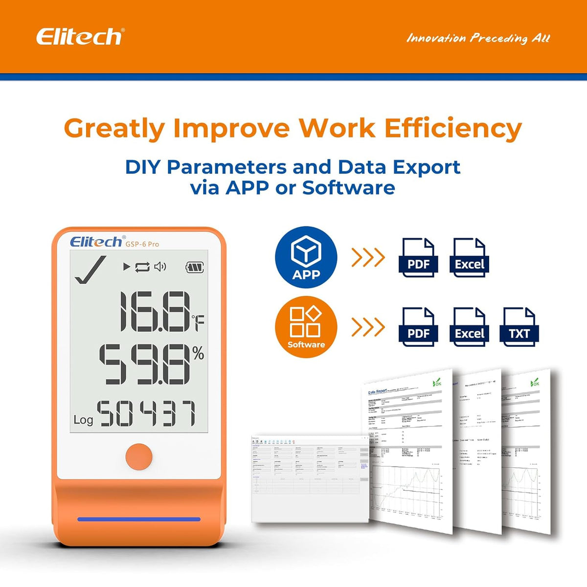 Elitech Bluetooth Thermometer Data Logger Temperature with Shadow Data 100000 Points Data Storage Export, Pharmacy Vaccine DDL Calibration Certificate, MAX MIN AVR MKT GSP-6Pro-GLE/THE