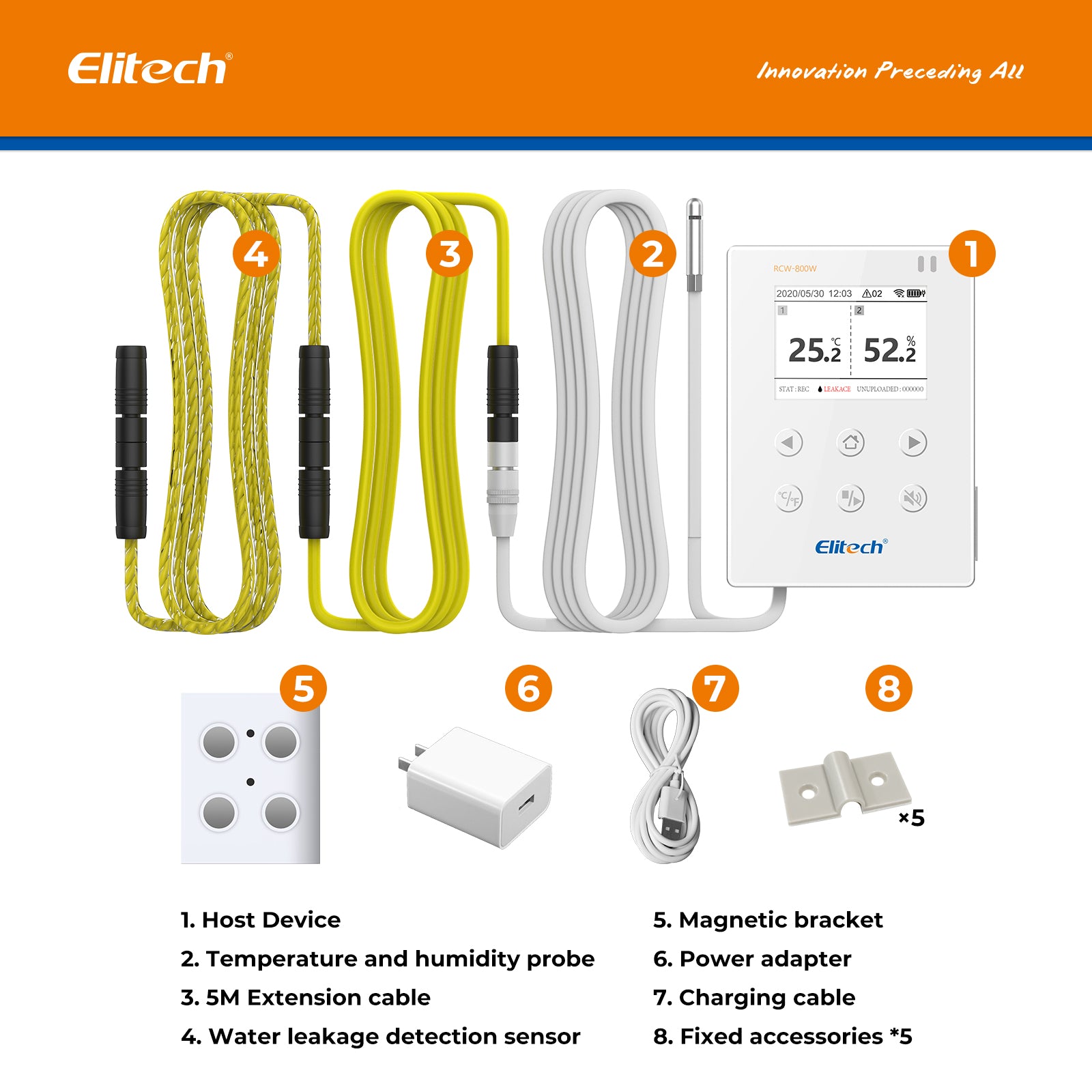 Elitech WiFi Real-time Temperature Humidity Data Logger Water Leak Detector, SMS/Email/APP Alert, Cloud Data Storage, 10M Patch Cord, RCW-800W-WI(-40~176℉, : 0~100%RH)