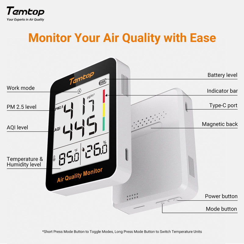 Temtop S1-up Indoor Air Quality Meter Temperature & Humidity AQI PM2.5 Monitor with Accurate Sensor