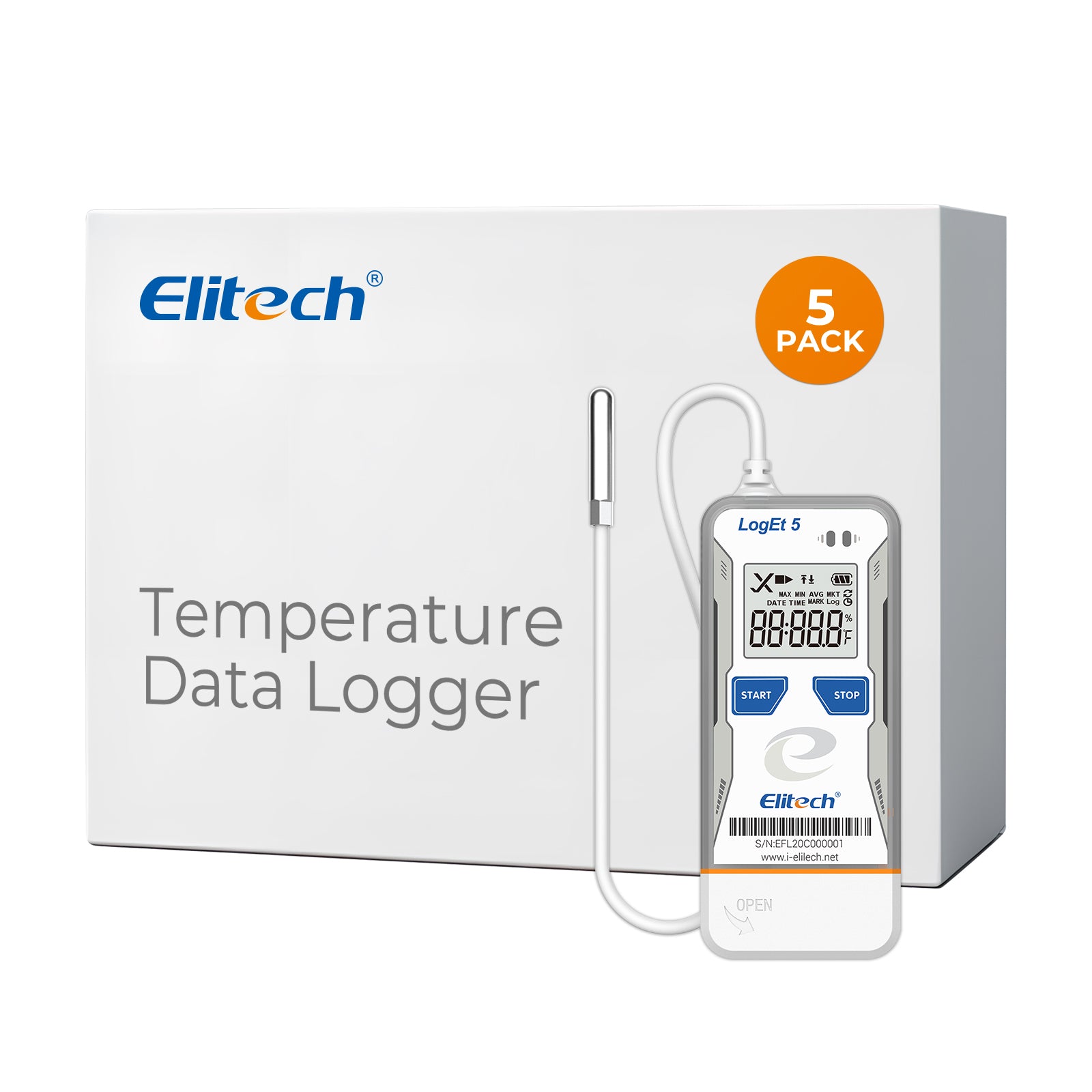Elitech USB Digital Temperature Data Logger with External Probe Reusable Recorder with Shadow Data 32000 Points , Auto PDF/ CSV Report, for Windows/MacOS, Refrigerator Thermometer LogEt5TE