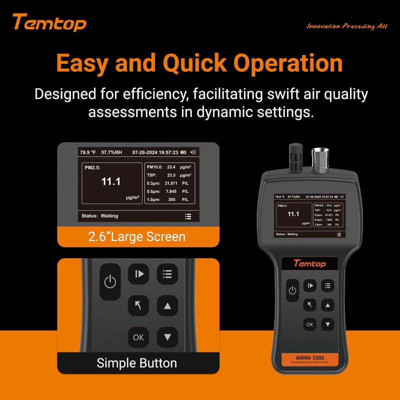 Temtop Airing 2000 3-channel Handheld Particle Counter Dust Monitor with Pumped PM Sensor, Three Outputs of Particle Numbers 0.3μm, 0.5μm, 1.0μm, Concentrations of Three Particles Types PM2.5, PM10, TSP, Temp & Humidity Detector