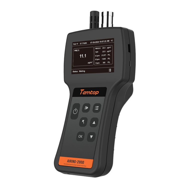 Temtop Airing 2000 3-channel Handheld Particle Counter Dust Monitor with Pumped PM Sensor, Three Outputs of Particle Numbers 0.3μm, 0.5μm, 1.0μm, Concentrations of Three Particles Types PM2.5, PM10, TSP, Temp & Humidity Detector