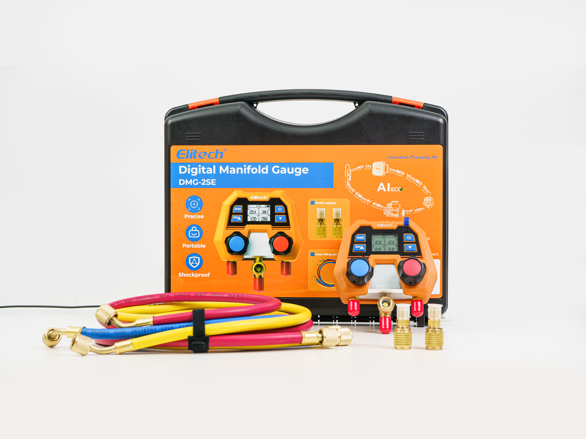 Elitech Digital Manifold Gauge for HVAC, Refrigeration & AC Systems – Pressure & Temperature Measurement, LCD Display, DMG-2SE