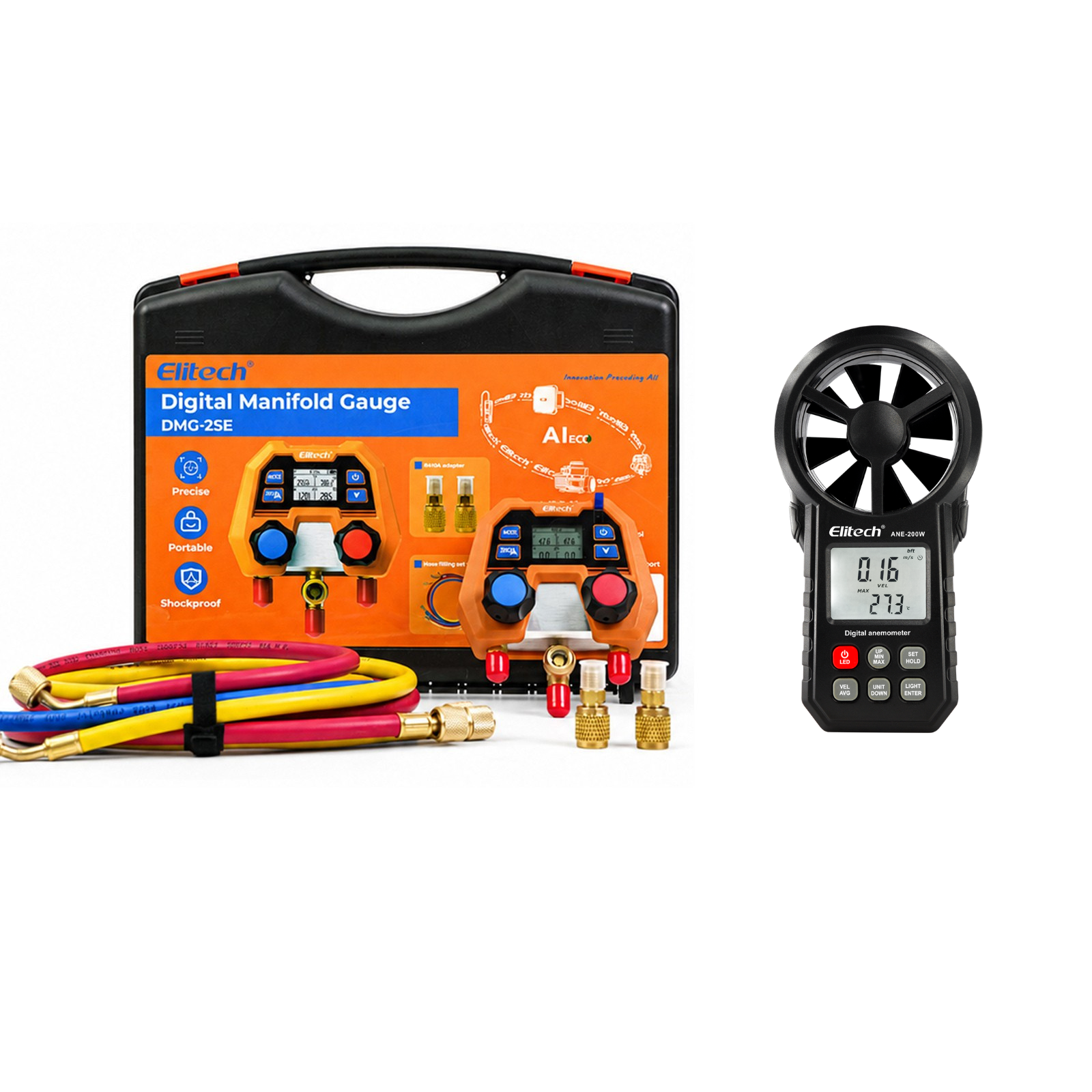 Elitech Digital Manifold Gauge for HVAC, Refrigeration & AC Systems – Pressure & Temperature Measurement, LCD Display, DMG-2SE