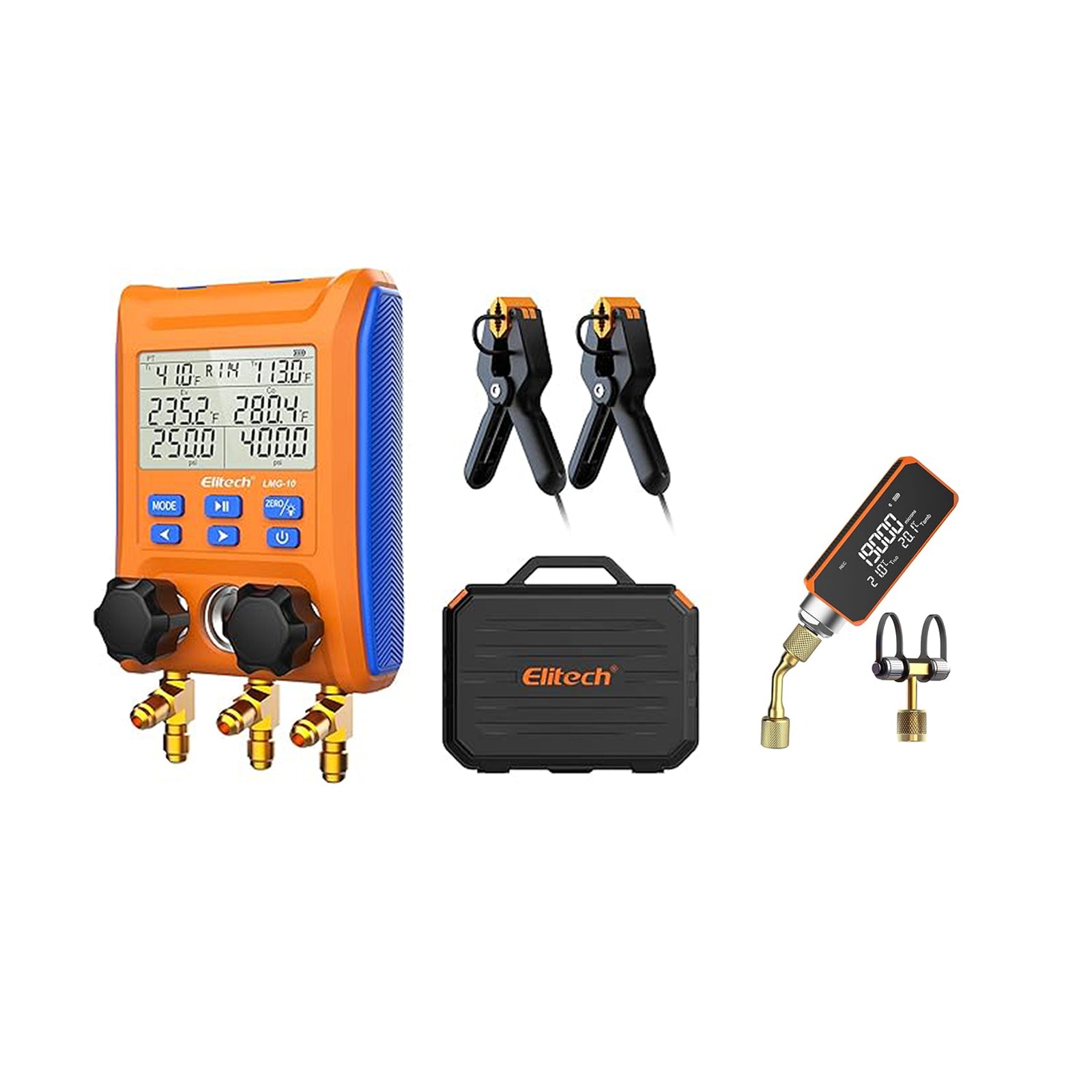 Elitech LMG-10 HVAC Digital Manifold Gauge 2 Valves with Thermometer Clamps