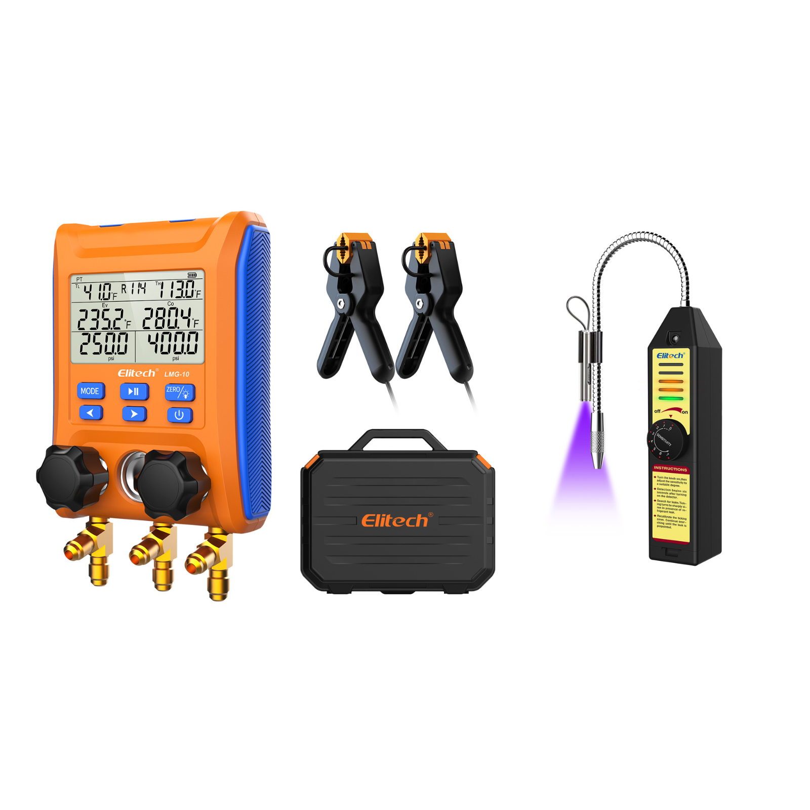 Elitech LMG-10 HVAC Digital Manifold Gauge 2 Valves with Thermometer Clamps