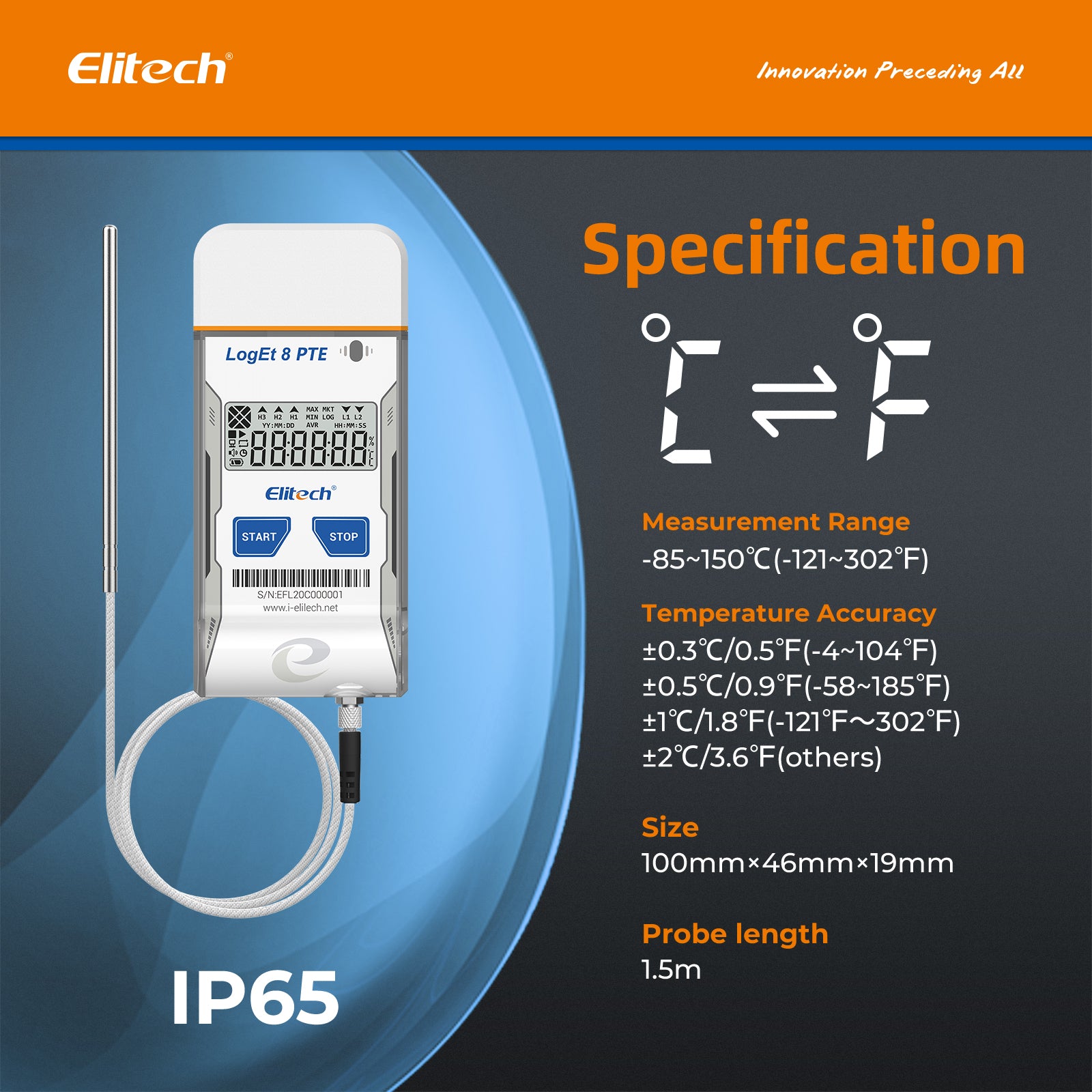 Elitech USB Digital Low-Temperature Data Logger (-85 ~ 150°C/ -121 ~ 302℉) Accuracy of±0.3℃/±0.6℉, Reusable Recorder with Shadow Data 16000 Points, Auto PDF Report, for Windows/MacOS, LogEt8PTE