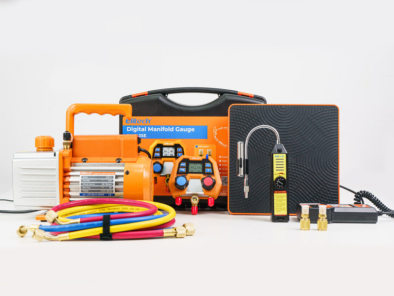 Elitech Solution Pack - Elitech NVP-5 HVAC Vacuum Pump+Digital Manifold Gauge for HVAC DMG-2SE Kit +WJL-6000S Refrigerant Leak Detector+Refrigerant Charging Scale LMC-100F+