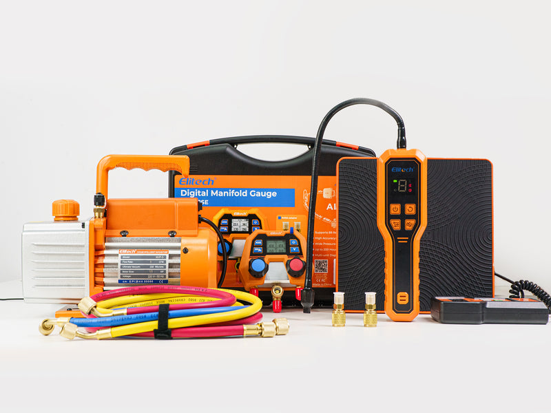 Elitech Solution Pack - NVP-5 HVAC Vacuum Pump+Digital Manifold Gauge for HVAC DMG-2SE Kit +ELD-210 Heated Diode Portable Semiconductor Refrigerant Leak Detector +Refrigerant Charging Scale LMC-100F+