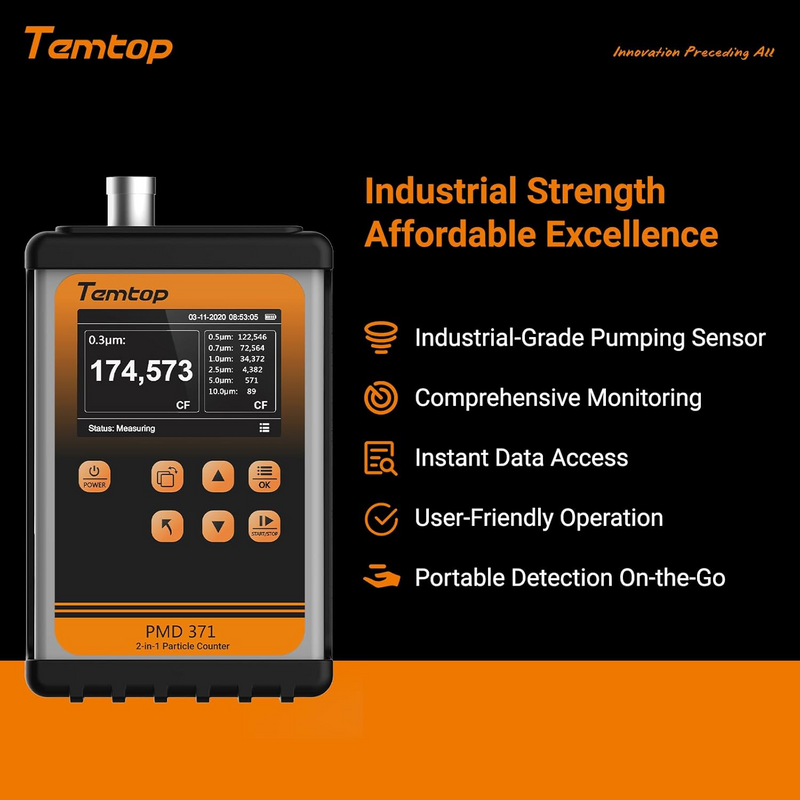 Temtop PMD 371 Aerosol Monitor Handheld Particle Counter Dust Monitor, Seven Outputs of Particle Numbers, Concentrations of Five Particles Types