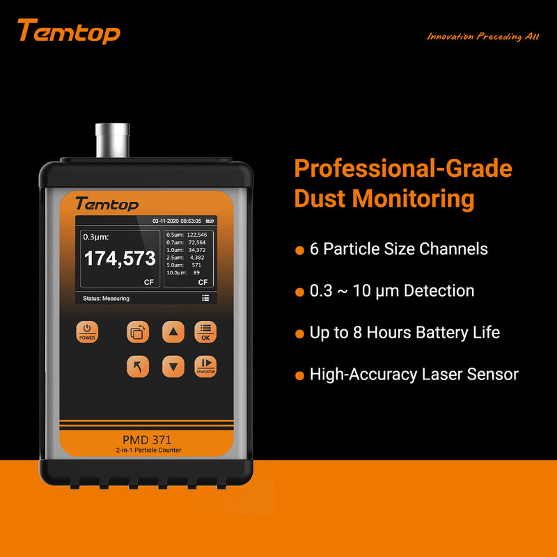 Temtop PMD 371 Aerosol Monitor Handheld Particle Counter Dust Monitor, Seven Outputs of Particle Numbers, Concentrations of Five Particles Types