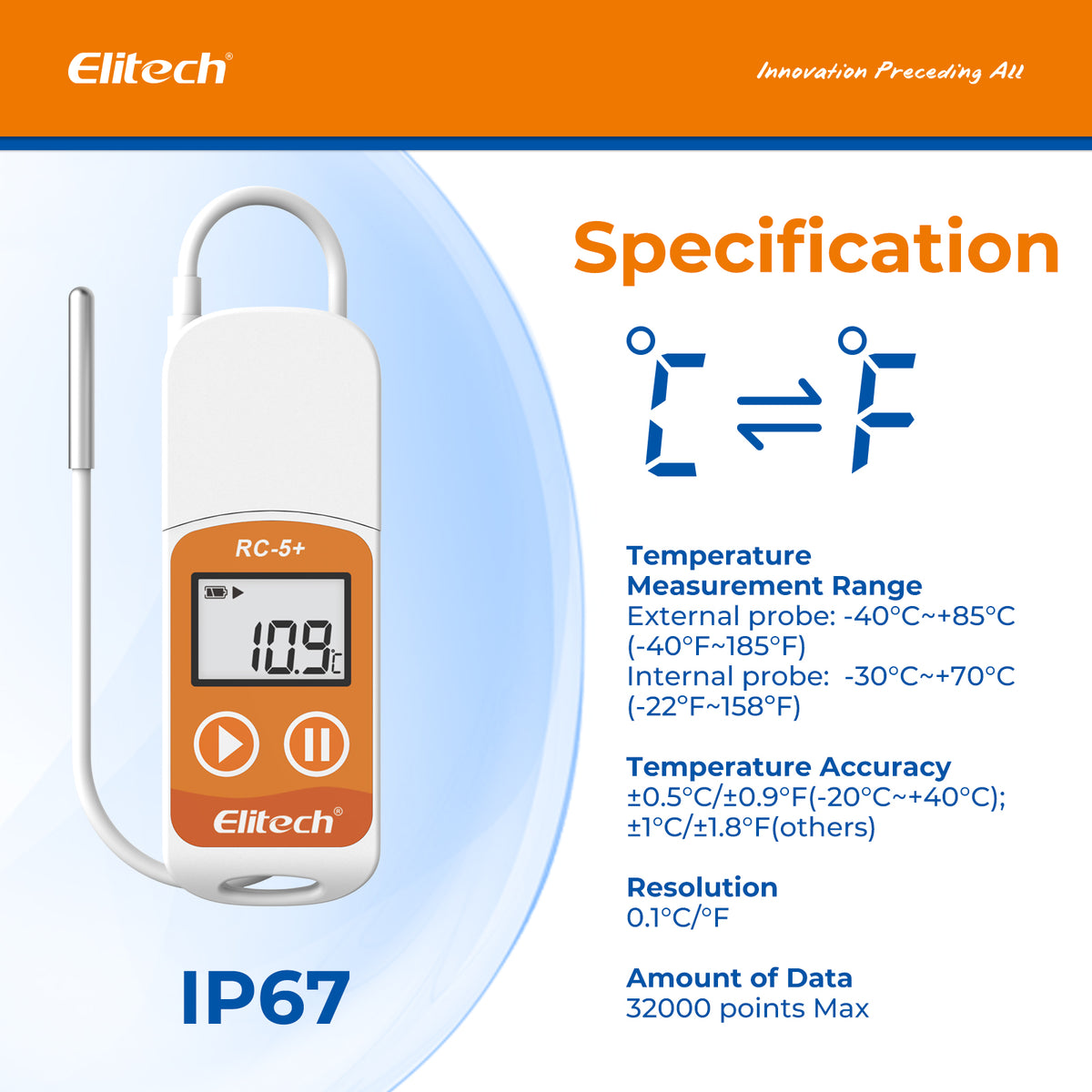 Elitech RC-5+ TE PDF USB Reusable Temperature Data Logger Internal Sensor External Probe -22℉~158℉