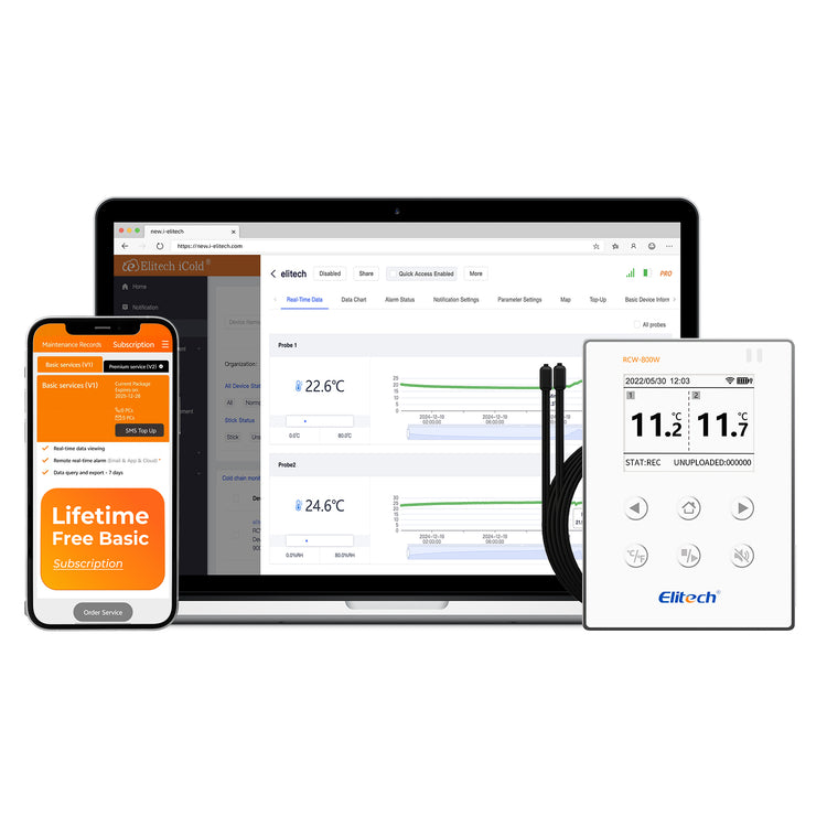 Elitech Wireless Digital Data Logger Remote Real-Time Temperature Monitor Cloud Data Storage SMS/Email/APP/Web Alarm, WiFi Dual External Temp Probe, RCW-800W-TDE(-40~176℉) with FREE Cloud Service